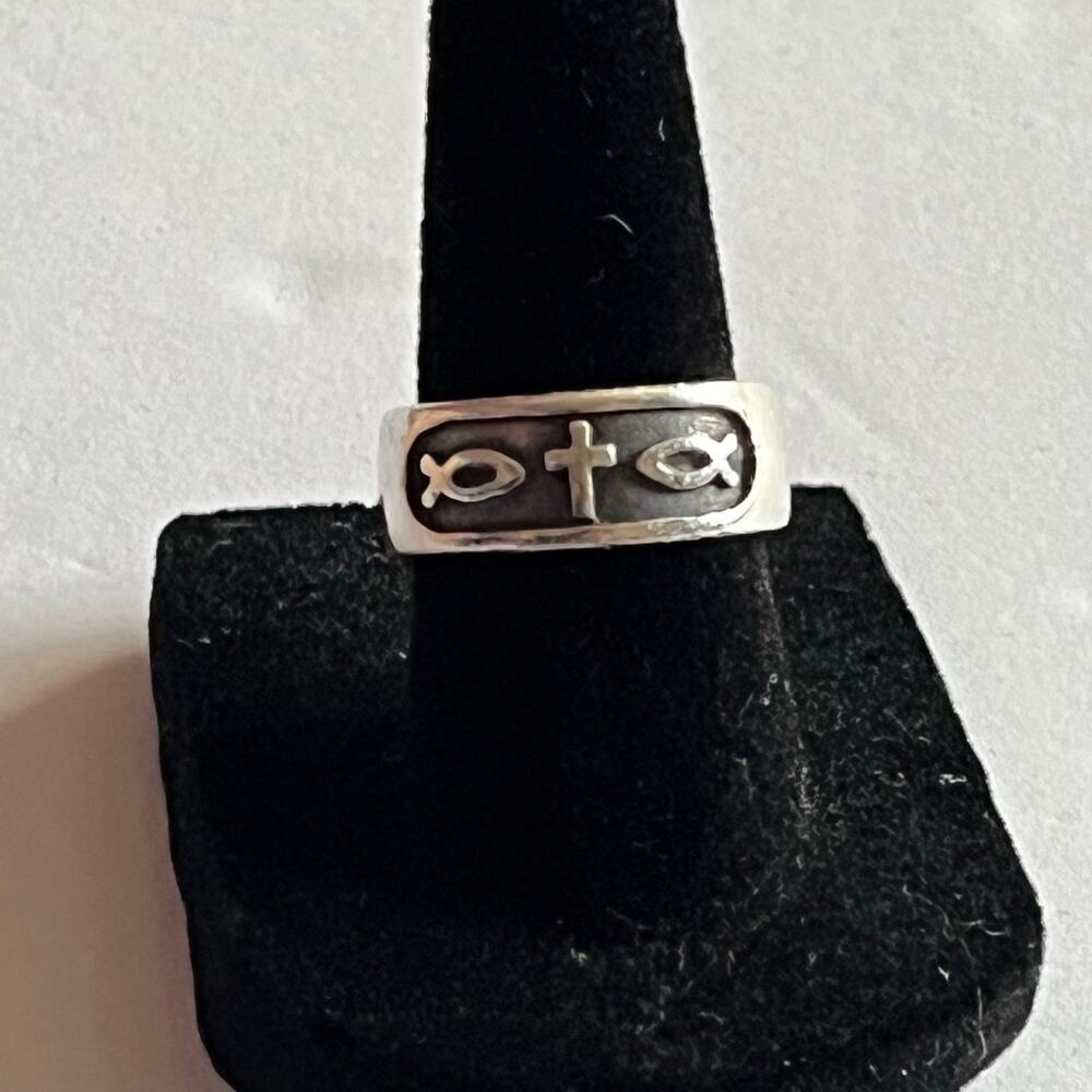 Bob Siemon Sterling Silver 925 Cross Ichthys Fish Ring Size 7 Wide Band